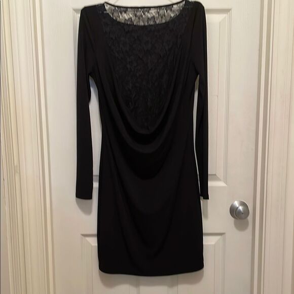 Jennifer Lopez Black Dress w/ Lace Back Long Sleeve Bodycon Women's Medium J-Lo - Picture 3 of 4